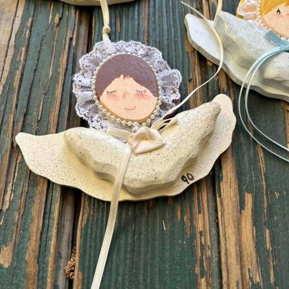 Vintage 1990‎ Handmade Dough Angel Ornaments Set of 5 Lace Pearl Cottagecore 90s